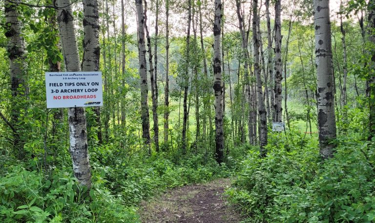 A photo of the entrance to the 3D archery range. The photo shows a forested area with a trail starting before curving out of sight. There is a sign saying "field tips only on 3D archery loop no broadheads" with no broadheads being in red text for emphasis. Further down the trail a sign saying "start" can be partially seen through the greenery. 